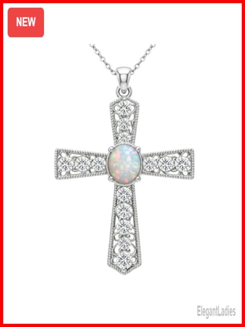 Sterling Silver Opal Cross Necklace Dainty Pendant 18+2" Jewelry Gift